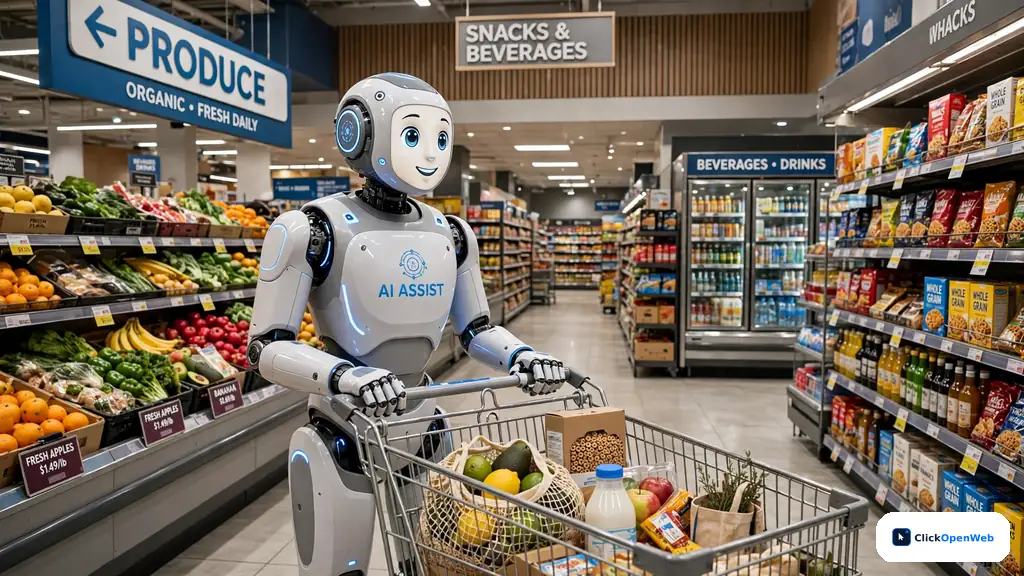 A friendly robot assistant pushing a shopping cart through a modern store aisle, AI commerce concept