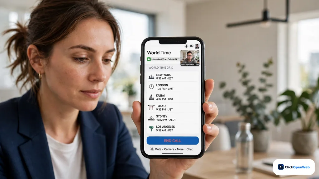 A person scheduling an international video call on a phone, showing a world time grid on screen