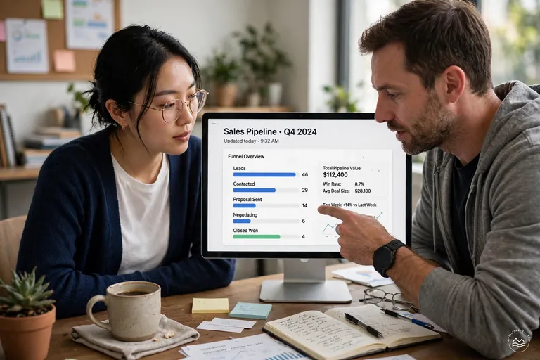 Two small business team members reviewing a sales pipeline together on a screen