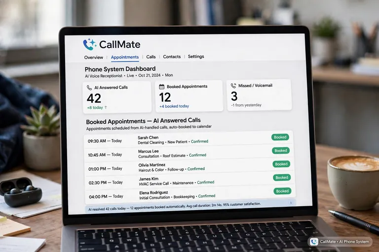 A small business phone system dashboard showing booked appointments from AI answered calls