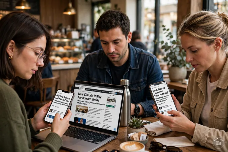 People reading the latest headlines on phones and laptops