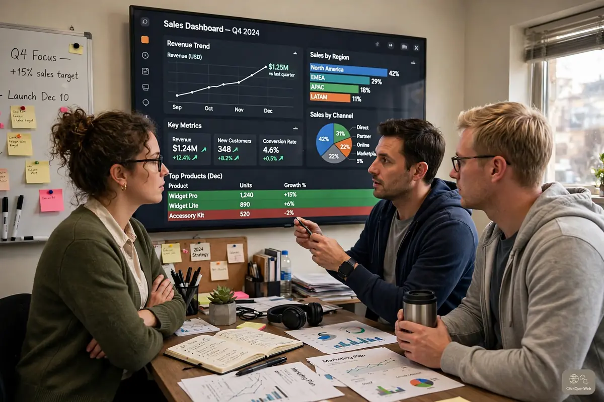 Team comparing dashboard charts and sales graphs on a large screen in a small office
