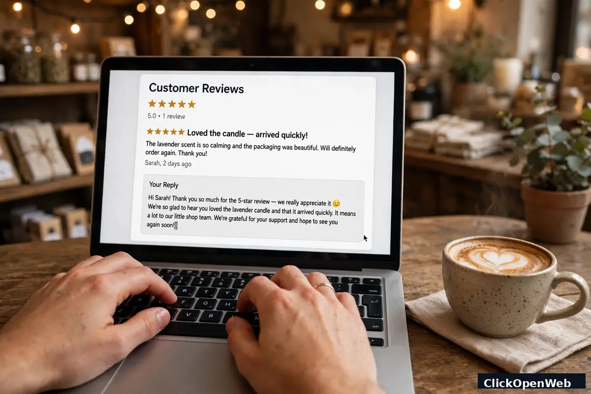Owner replying to a customer review on a laptop in a small shop, ai review management tools for small business
