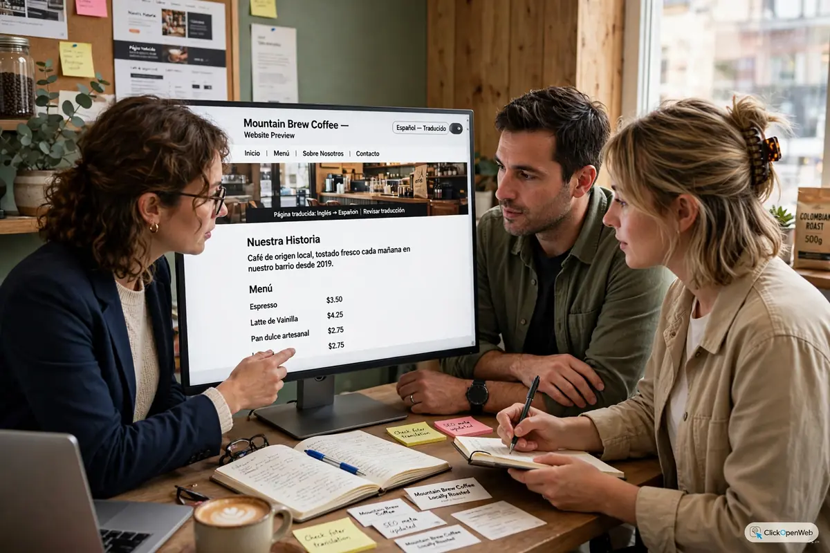 Team reviewing translated website pages on a screen for a small business