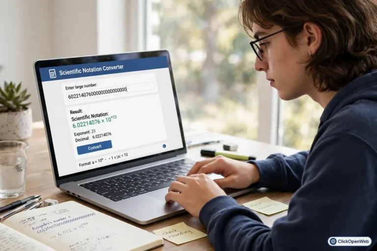 A student using a scientific notation converter on a laptop to convert a large number