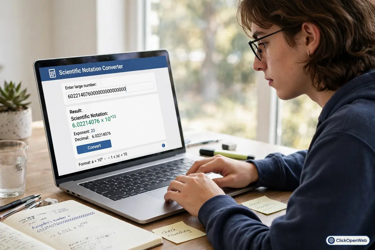 A student using a scientific notation converter on a laptop to convert a large number