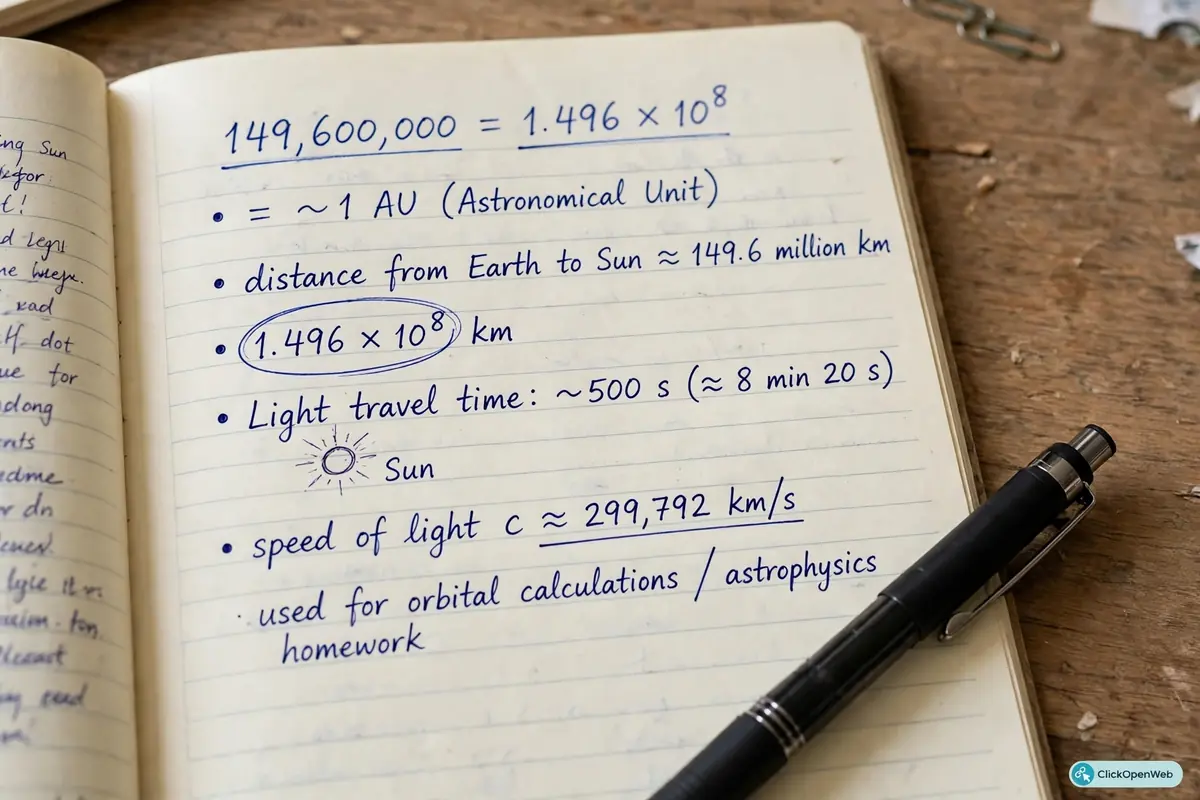 Close view of a notebook showing 149,600,000 written as 1.496 x 10 to the power of 8
