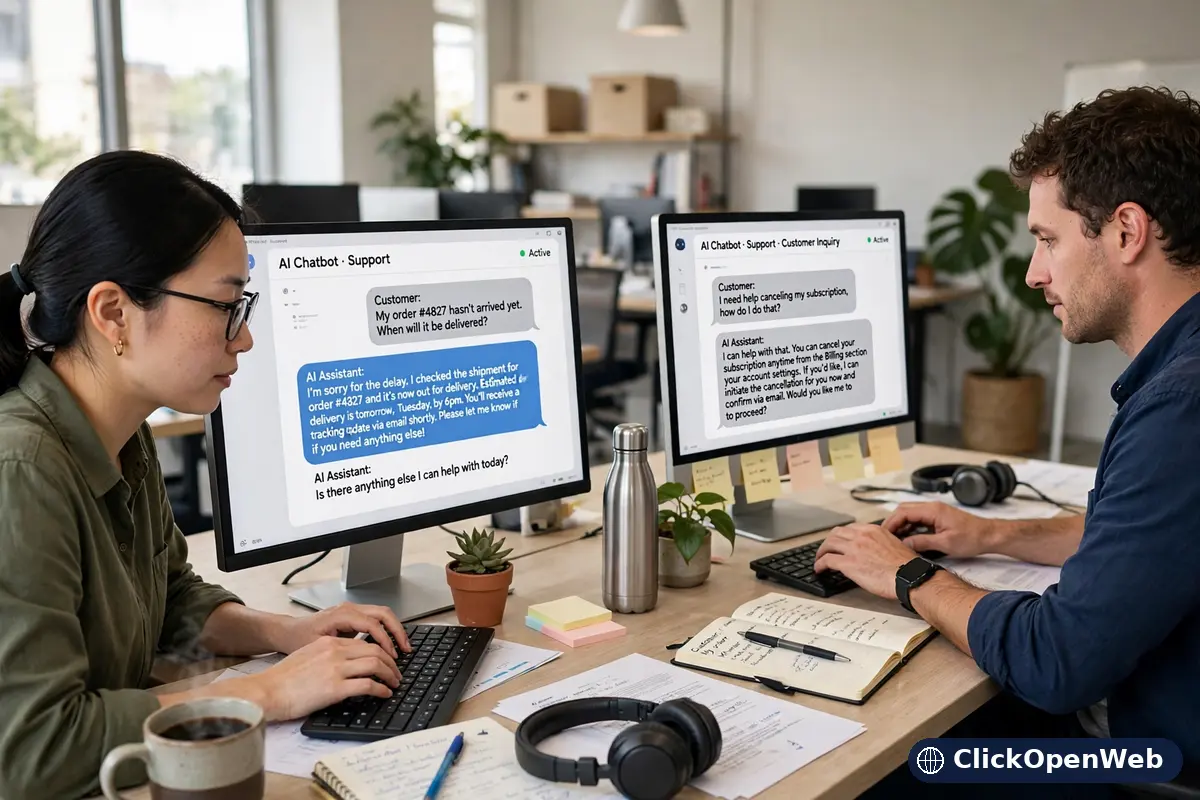 Customer support team using AI chatbot software on dual monitors
