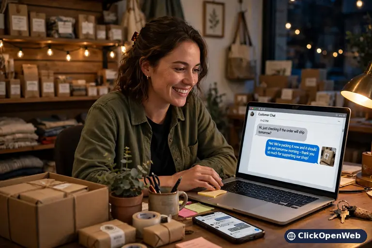 Small business owner checking late evening customer messages answered by a custom AI chatbot
