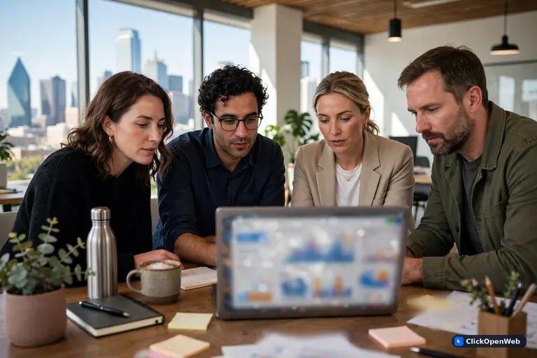 A small Dallas business team reviewing an AI results dashboard on a laptop in a bright office