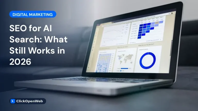 SEO for AI Search featured image: analytics graphs, ClickOpenWeb